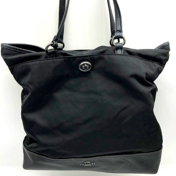 Coach Tote Black Nylon and leather bottom & straps, silver hardware 16”x11”x14” - Picture 5 of 8